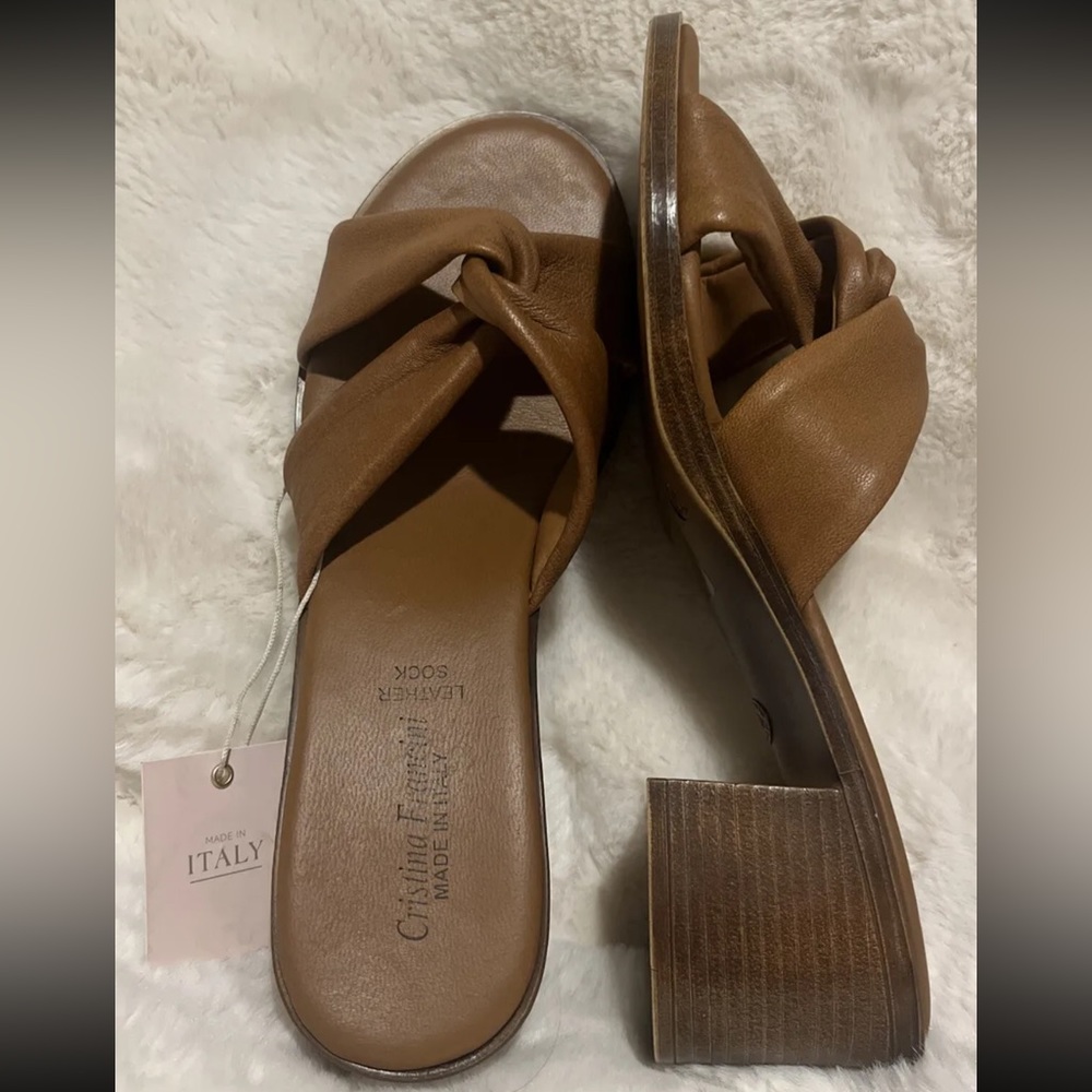 Cristina Francini Tan Leather Sock Open Toe High Heel Sandals Women's SZ 8
